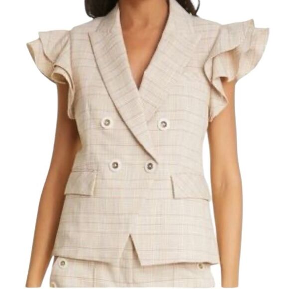 Veronica Beard Janae Plaid Ruffle Blazer Jacket Button Up Khaki Multi Size 6 New - Picture 1 of 15